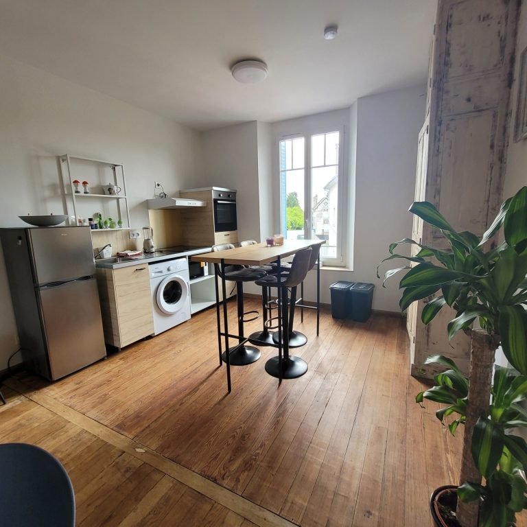 vue cuisine ouverte et salle à manger logement cerise